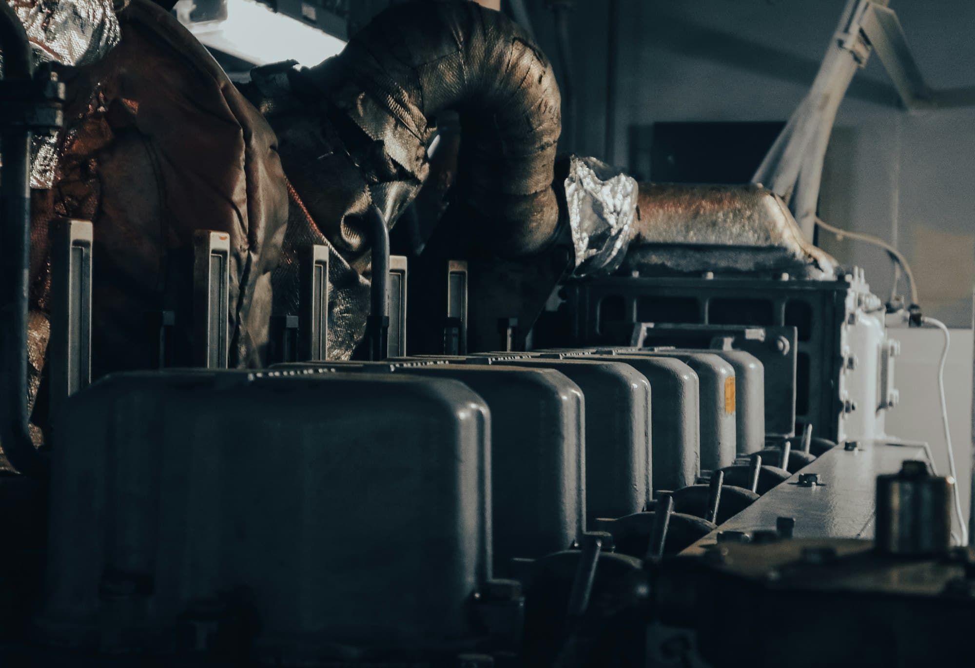 Close-up of a large diesel engine during overhaul